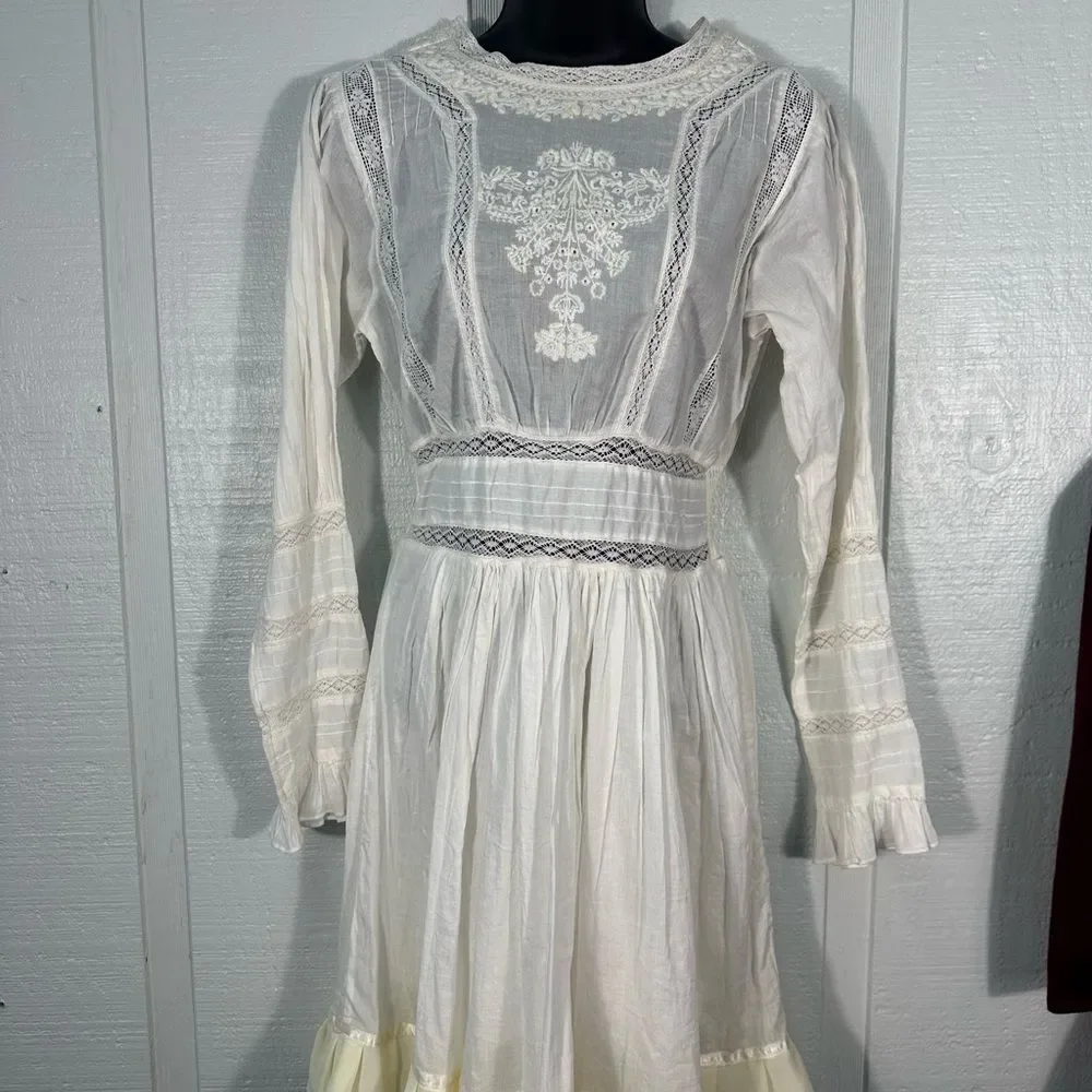 Free People White Victorian Waisted Mini Dress Ivory No Size EUC